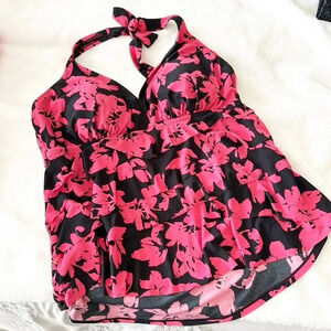 Aqua green red black floral ruffled halter tankini top size 16W